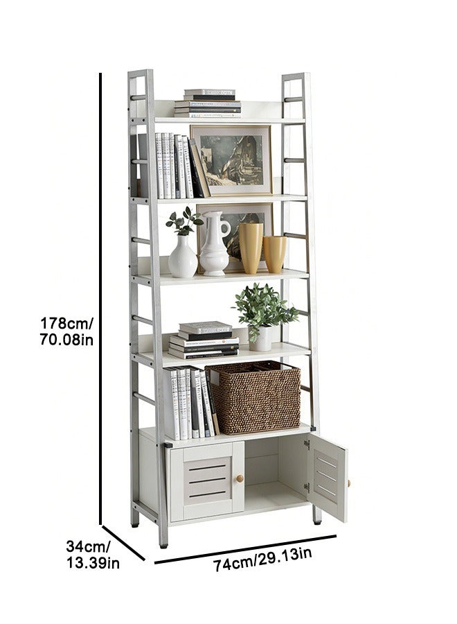 رف كتب 5 طبقات شبه منحرف - حامل تخزين متكامل، خزانة كتب مفتوحة بهيكل حديدي بسيط وخزانة، حامل عرض حديدي بسيط لرف الكتب لغرفة المعيشة، غرفة النوم، المكتب - Image 2